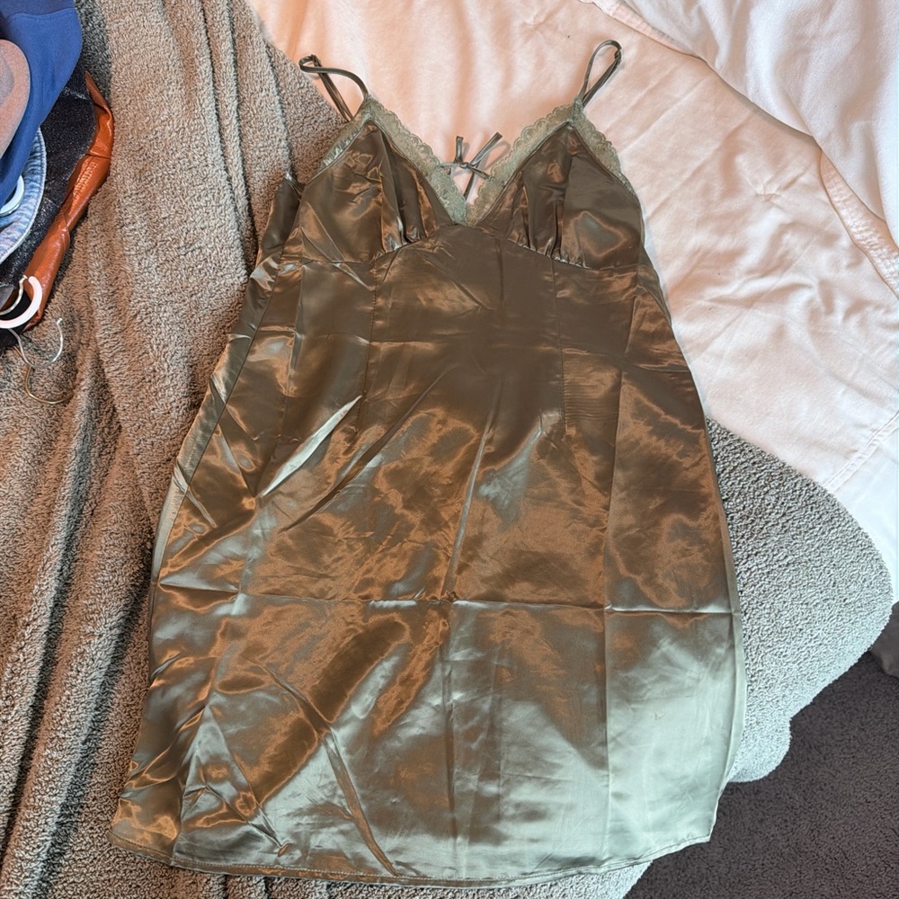 H&M Olive Satin Chemise with Lace Trim